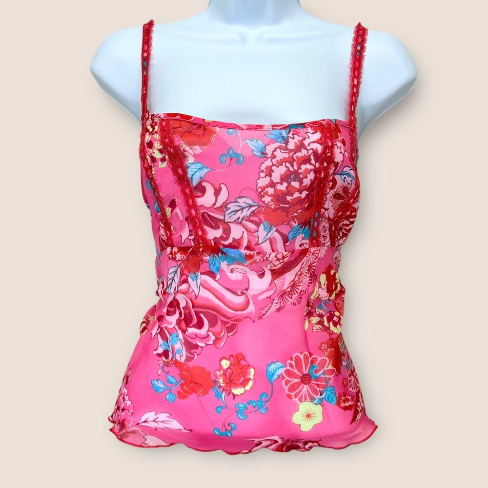Josie Natori Floral Lace Babydoll Chemise Sheer Slip Top Size L Coquette Y2k